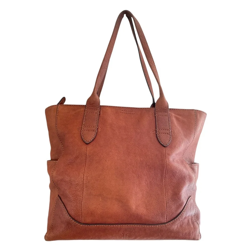 Frye  Lucy Side Pocket Leather Tote Bag Women OS Cognac Brown Pebbled Zip Top